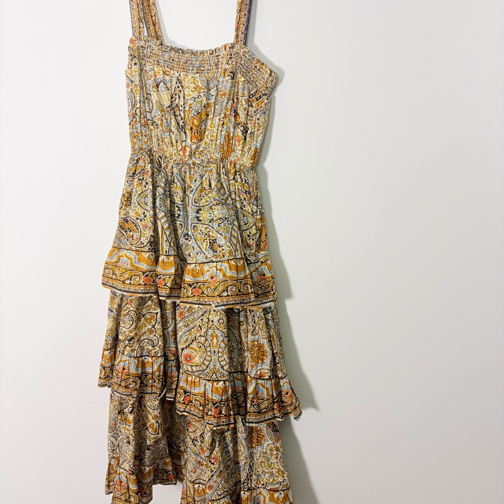 Cleobella Rosalie Midi Dress S Paisley Tiered Smocked Boho Organic Cotton Brown - Picture 4 of 9